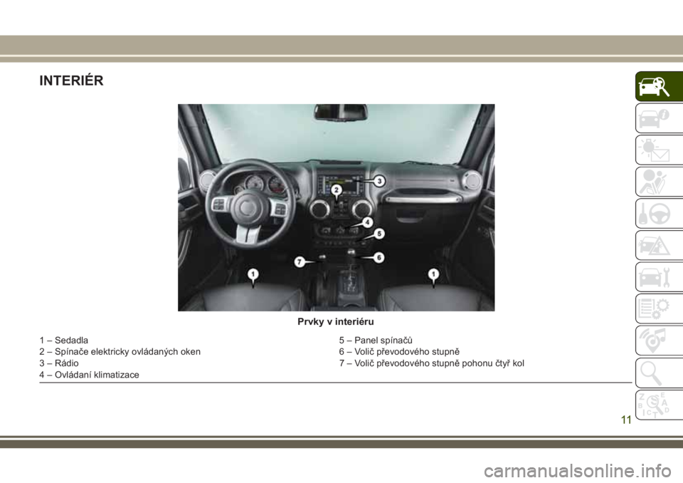 JEEP WRANGLER 2019 Návod k použití a údržbě (in Czech) INTERIÉR
Prvky v interiéru
1 – Sedadla 5 – Panel spínačů
2 – Spínače elektricky ovládaných oken 6 – Volič převodového stupně
3 – Rádio 7 – Volič převodového stupně pohonu JEEP WRANGLER 2019 Návod k použití a údržbě (in Czech) INTERIÉR
Prvky v interiéru
1 – Sedadla 5 – Panel spínačů
2 – Spínače elektricky ovládaných oken 6 – Volič převodového stupně
3 – Rádio 7 – Volič převodového stupně pohonu