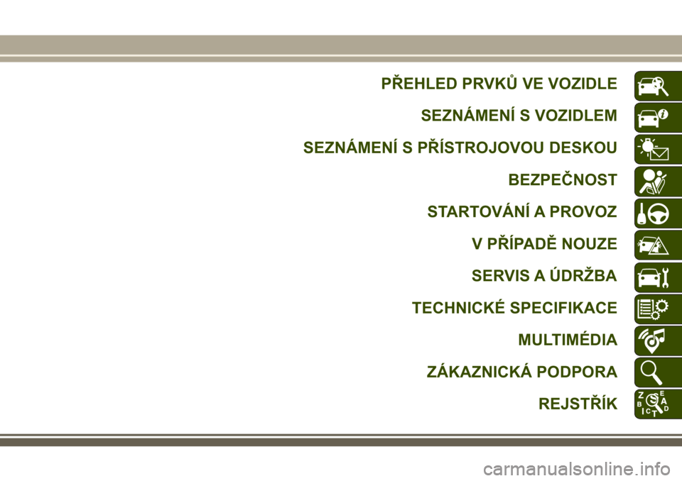 JEEP WRANGLER 2018  Návod k použití a údržbě (in Czech) PŘEHLED PRVKŮ VE VOZIDLE
SEZNÁMENÍ S VOZIDLEM
SEZNÁMENÍ S PŘÍSTROJOVOU DESKOU
BEZPEČNOST
STARTOVÁNÍ A PROVOZ
V PŘÍPADĚ NOUZE
SERVIS A ÚDRŽBA
TECHNICKÉ SPECIFIKACE
MULTIMÉDIA
ZÁKAZNI