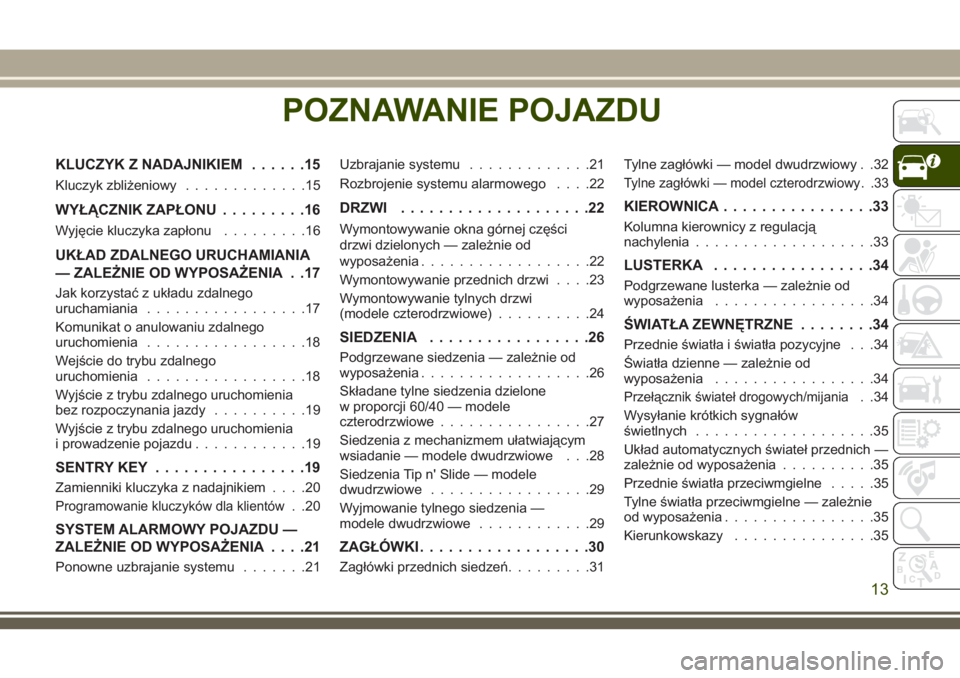 JEEP WRANGLER 2019  Instrukcja obsługi (in Polish) POZNAWANIE POJAZDU
KLUCZYK Z NADAJNIKIEM......15
Kluczyk zbliżeniowy.............15
WYŁĄCZNIK ZAPŁONU.........16
Wyjęcie kluczyka zapłonu.........16
UKŁAD ZDALNEGO URUCHAMIANIA
— ZALEŻNIE OD