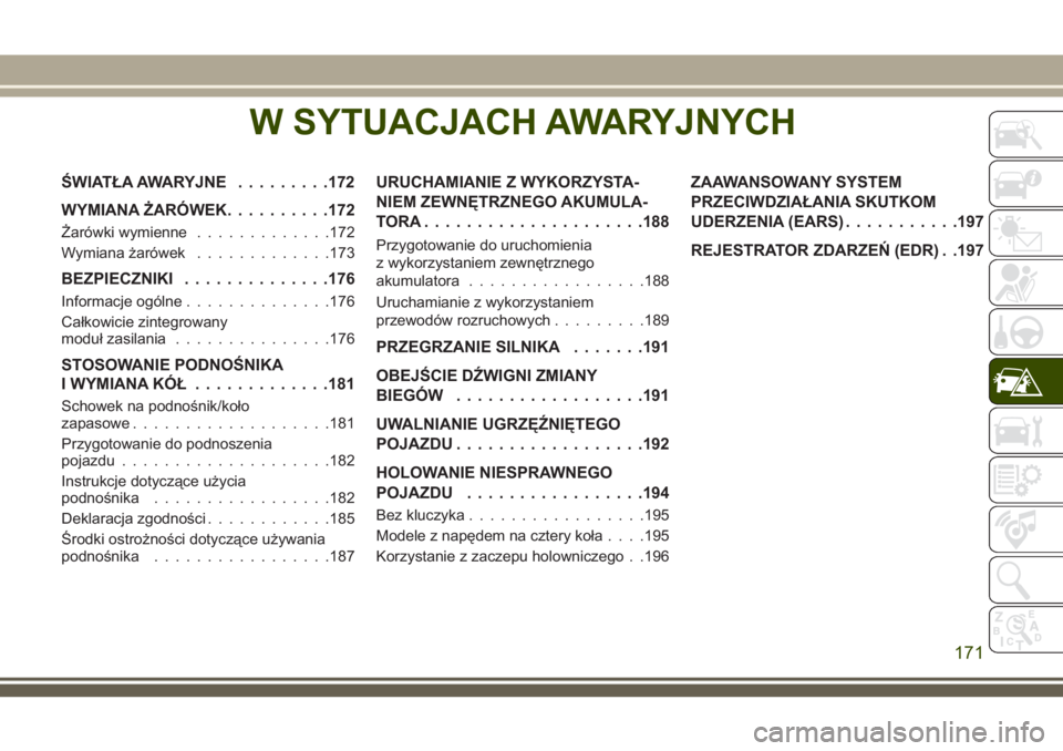 JEEP WRANGLER 2019 Instrukcja obsługi (in Polish) W SYTUACJACH AWARYJNYCH
ŚWIATŁA AWARYJNE.........172
WYMIANA ŻARÓWEK..........172
Żarówki wymienne.............172
Wymiana żarówek.............173
BEZPIECZNIKI..............176
Informacje ogó JEEP WRANGLER 2019 Instrukcja obsługi (in Polish) W SYTUACJACH AWARYJNYCH
ŚWIATŁA AWARYJNE.........172
WYMIANA ŻARÓWEK..........172
Żarówki wymienne.............172
Wymiana żarówek.............173
BEZPIECZNIKI..............176
Informacje ogó