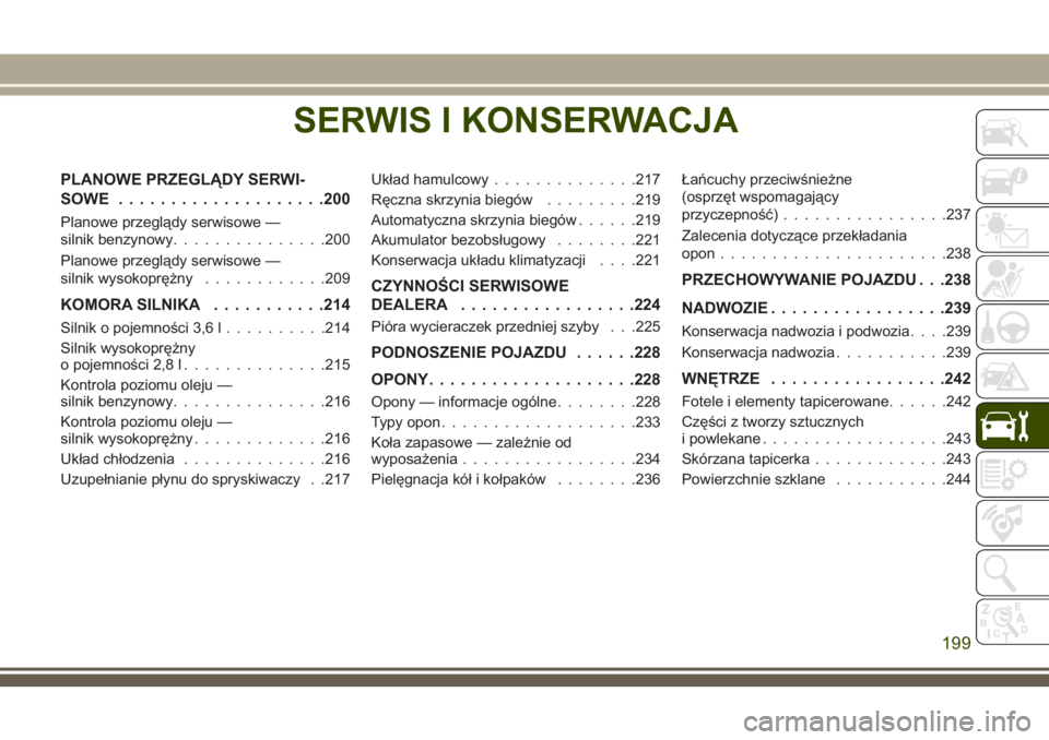JEEP WRANGLER 2019 Instrukcja obsługi (in Polish) SERWIS I KONSERWACJA
PLANOWE PRZEGLĄDY SERWI-
SOWE....................200
Planowe przeglądy serwisowe —
silnik benzynowy...............200
Planowe przeglądy serwisowe —
silnik wysokoprężny... JEEP WRANGLER 2019 Instrukcja obsługi (in Polish) SERWIS I KONSERWACJA
PLANOWE PRZEGLĄDY SERWI-
SOWE....................200
Planowe przeglądy serwisowe —
silnik benzynowy...............200
Planowe przeglądy serwisowe —
silnik wysokoprężny...
