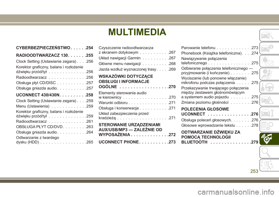 JEEP WRANGLER 2020  Instrukcja obsługi (in Polish) MULTIMEDIA
CYBERBEZPIECZEŃSTWO......254
RADIOODTWARZACZ 130.......255
Clock Setting (Ustawianie zegara). . . .256
Korektor graficzny, balans i rozłożenie
dźwięku przód/tył..............256
Radi