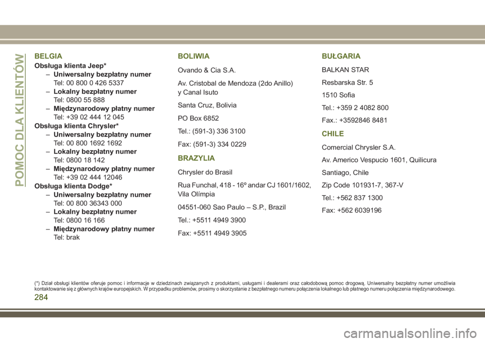 JEEP WRANGLER 2019 Instrukcja obsługi (in Polish) BELGIA
Obsługa klienta Jeep*
–Uniwersalny bezpłatny numer
Tel: 00 800 0 426 5337
–Lokalny bezpłatny numer
Tel: 0800 55 888
–Międzynarodowy płatny numer
Tel: +39 02 444 12 045
Obsługa klien JEEP WRANGLER 2019 Instrukcja obsługi (in Polish) BELGIA
Obsługa klienta Jeep*
–Uniwersalny bezpłatny numer
Tel: 00 800 0 426 5337
–Lokalny bezpłatny numer
Tel: 0800 55 888
–Międzynarodowy płatny numer
Tel: +39 02 444 12 045
Obsługa klien