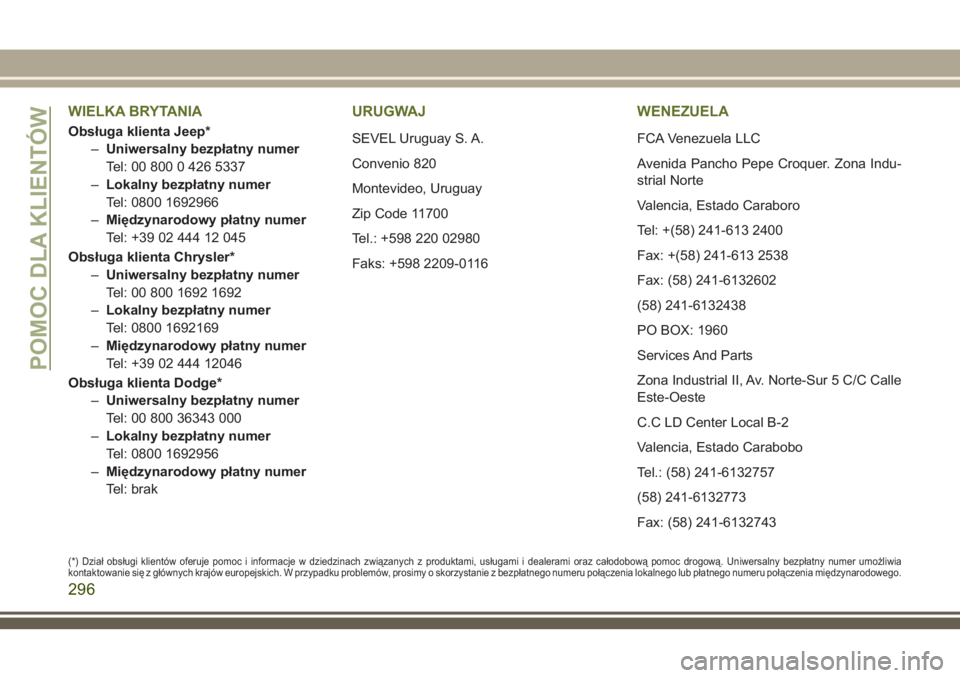 JEEP WRANGLER 2019  Instrukcja obsługi (in Polish) WIELKA BRYTANIA
Obsługa klienta Jeep*
–Uniwersalny bezpłatny numer
Tel: 00 800 0 426 5337
–Lokalny bezpłatny numer
Tel: 0800 1692966
–Międzynarodowy płatny numer
Tel: +39 02 444 12 045
Obs