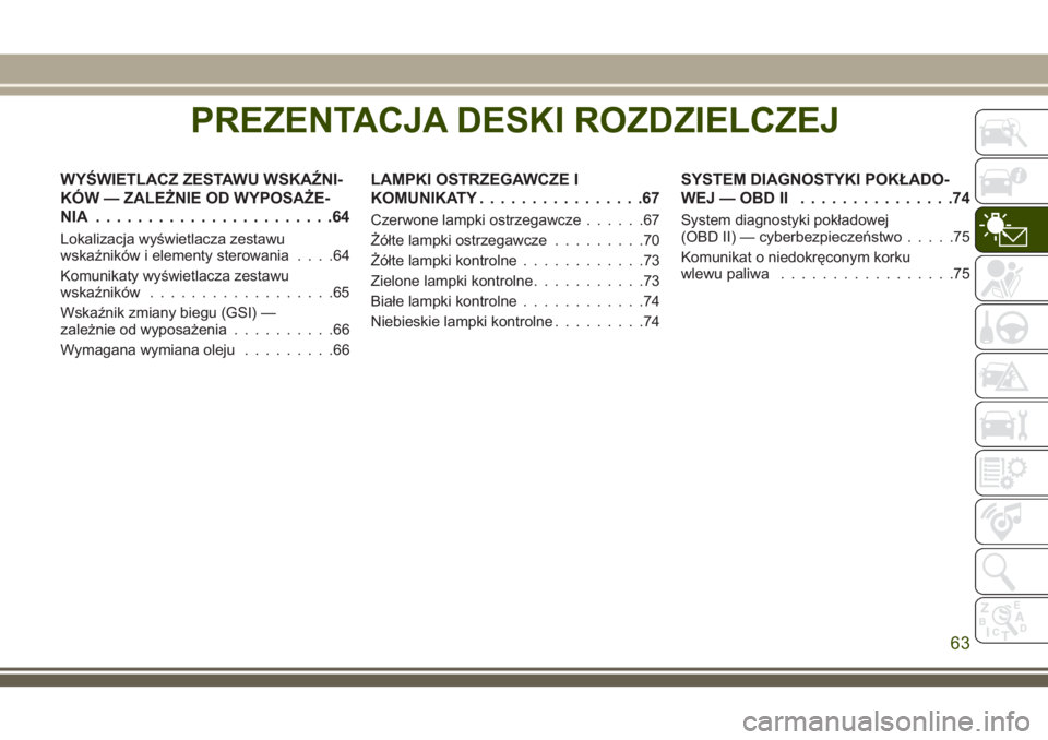 JEEP WRANGLER 2020 Instrukcja obsługi (in Polish) PREZENTACJA DESKI ROZDZIELCZEJ
WYŚWIETLACZ ZESTAWU WSKAŹNI-
KÓW — ZALEŻNIE OD WYPOSAŻE-
NIA .......................64
Lokalizacja wyświetlacza zestawu
wskaźników i elementy sterowania....64
JEEP WRANGLER 2020 Instrukcja obsługi (in Polish) PREZENTACJA DESKI ROZDZIELCZEJ
WYŚWIETLACZ ZESTAWU WSKAŹNI-
KÓW — ZALEŻNIE OD WYPOSAŻE-
NIA .......................64
Lokalizacja wyświetlacza zestawu
wskaźników i elementy sterowania....64