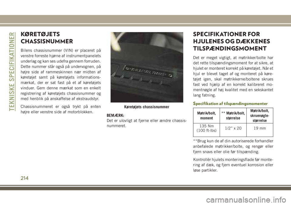 JEEP WRANGLER 2021 Brugs- og vedligeholdelsesvejledning (in Danish) KØRETØJETS
CHASSISNUMMER
Bilens chassisnummer (VIN) er placeret på
venstre forreste hjørne af instrumentpanelets
underlag og kan ses udefra gennem forruden.
Dette nummer står også på undervogne JEEP WRANGLER 2021 Brugs- og vedligeholdelsesvejledning (in Danish) KØRETØJETS
CHASSISNUMMER
Bilens chassisnummer (VIN) er placeret på
venstre forreste hjørne af instrumentpanelets
underlag og kan ses udefra gennem forruden.
Dette nummer står også på undervogne