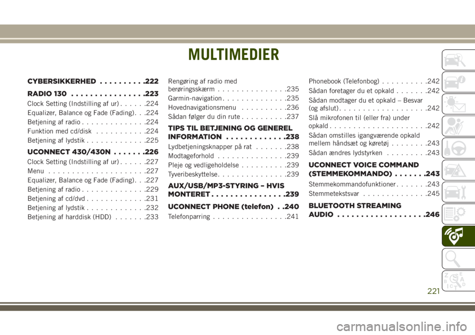 JEEP WRANGLER 2020  Brugs- og vedligeholdelsesvejledning (in Danish) MULTIMEDIER
CYBERSIKKERHED..........222
RADIO 130................223
Clock Setting (Indstilling af ur)......224
Equalizer, Balance og Fade (Fading). . .224
Betjening af radio..............224
Funktion