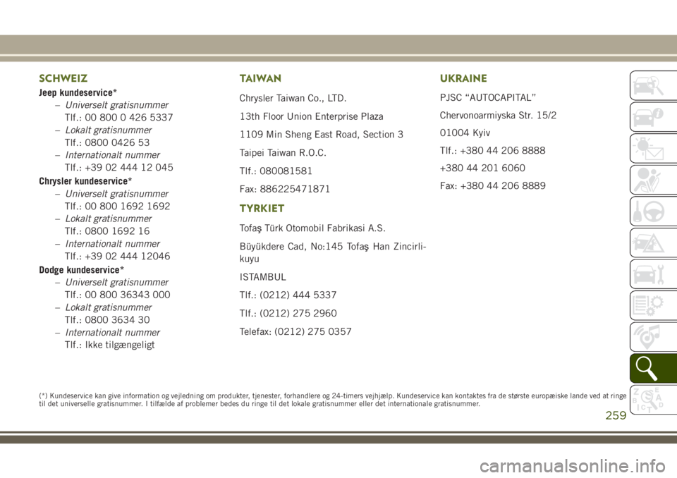 JEEP WRANGLER 2021 Brugs- og vedligeholdelsesvejledning (in Danish) SCHWEIZ
Jeep kundeservice*
–Universelt gratisnummer
Tlf.: 00 800 0 426 5337
–Lokalt gratisnummer
Tlf.: 0800 0426 53
–Internationalt nummer
Tlf.: +39 02 444 12 045
Chrysler kundeservice*
–Unive JEEP WRANGLER 2021 Brugs- og vedligeholdelsesvejledning (in Danish) SCHWEIZ
Jeep kundeservice*
–Universelt gratisnummer
Tlf.: 00 800 0 426 5337
–Lokalt gratisnummer
Tlf.: 0800 0426 53
–Internationalt nummer
Tlf.: +39 02 444 12 045
Chrysler kundeservice*
–Unive
