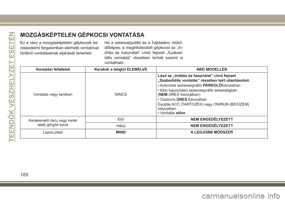 JEEP WRANGLER 2020  Kezelési és karbantartási útmutató (in Hungarian) MOZGÁSKÉPTELEN GÉPKOCSI VONTATÁSA
Ez a rész a mozgásképtelen gépkocsik ke-
reskedelmi forgalomban elérhető vontatóval
történő vontatásának eljárását ismerteti.Ha a sebességváltó 