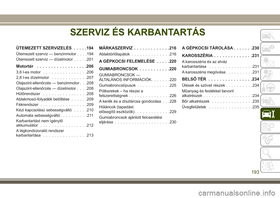 JEEP WRANGLER 2020 Kezelési és karbantartási útmutató (in Hungarian) SZERVIZ ÉS KARBANTARTÁS
ÜTEMEZETT SZERVIZELÉS.....194
Ütemezett szerviz — benzinmotor. . . .194
Ütemezett szerviz — dízelmotor.....201
Motortér..................206
3,6 l-es motor......... JEEP WRANGLER 2020 Kezelési és karbantartási útmutató (in Hungarian) SZERVIZ ÉS KARBANTARTÁS
ÜTEMEZETT SZERVIZELÉS.....194
Ütemezett szerviz — benzinmotor. . . .194
Ütemezett szerviz — dízelmotor.....201
Motortér..................206
3,6 l-es motor.........
