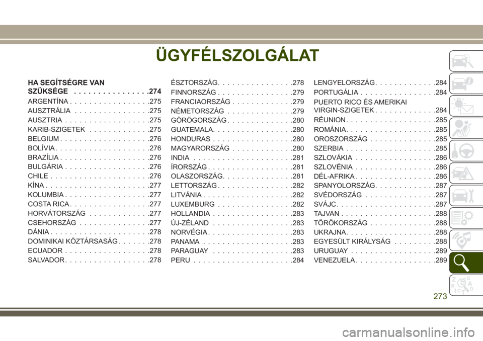 JEEP WRANGLER 2020 Kezelési és karbantartási útmutató (in Hungarian) ÜGYFÉLSZOLGÁLAT
HA SEGÍTSÉGRE VAN
SZÜKSÉGE................274
ARGENTÍNA.................275
AUSZTRÁLIA................275
AUSZTRIA..................275
KARIB-SZIGETEK.............275
BELGIUM. JEEP WRANGLER 2020 Kezelési és karbantartási útmutató (in Hungarian) ÜGYFÉLSZOLGÁLAT
HA SEGÍTSÉGRE VAN
SZÜKSÉGE................274
ARGENTÍNA.................275
AUSZTRÁLIA................275
AUSZTRIA..................275
KARIB-SZIGETEK.............275
BELGIUM.