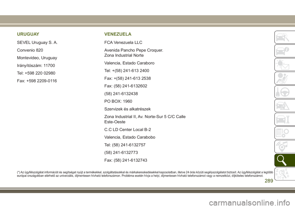 JEEP WRANGLER 2020 Kezelési és karbantartási útmutató (in Hungarian) URUGUAY
SEVEL Uruguay S. A.
Convenio 820
Montevideo, Uruguay
Irányítószám: 11700
Tel: +598 220 02980
Fax: +598 2209-0116
VENEZUELA
FCA Venezuela LLC
Avenida Pancho Pepe Croquer.
Zona Industrial No JEEP WRANGLER 2020 Kezelési és karbantartási útmutató (in Hungarian) URUGUAY
SEVEL Uruguay S. A.
Convenio 820
Montevideo, Uruguay
Irányítószám: 11700
Tel: +598 220 02980
Fax: +598 2209-0116
VENEZUELA
FCA Venezuela LLC
Avenida Pancho Pepe Croquer.
Zona Industrial No