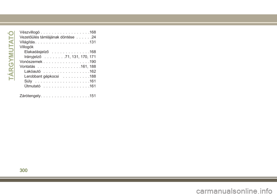 JEEP WRANGLER 2020  Kezelési és karbantartási útmutató (in Hungarian) Vészvillogó..................168
Vezetőülés támlájának döntése......24
Világítás....................131
Villogók
Elakadásjelző..............168
Irányjelző........71, 131, 170, 171
Vo