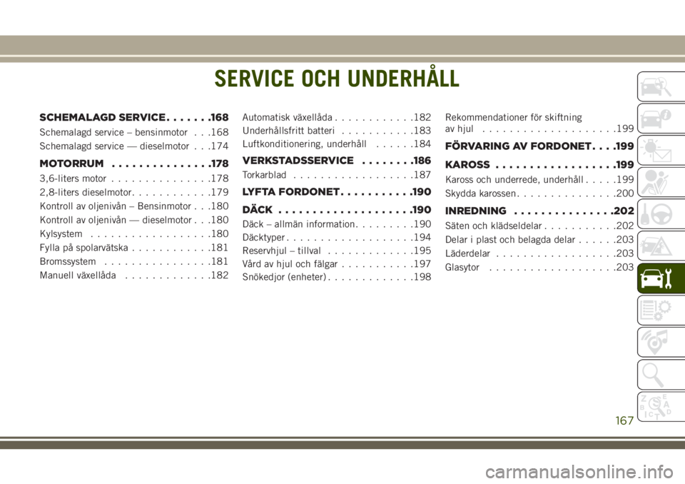 JEEP WRANGLER 2019 Drift- och underhållshandbok (in Swedish) SERVICE OCH UNDERHÅLL
SCHEMALAGD SERVICE.......168
Schemalagd service – bensinmotor . . .168
Schemalagd service — dieselmotor . . .174
MOTORRUM...............178
3,6-liters motor...............17 JEEP WRANGLER 2019 Drift- och underhållshandbok (in Swedish) SERVICE OCH UNDERHÅLL
SCHEMALAGD SERVICE.......168
Schemalagd service – bensinmotor . . .168
Schemalagd service — dieselmotor . . .174
MOTORRUM...............178
3,6-liters motor...............17