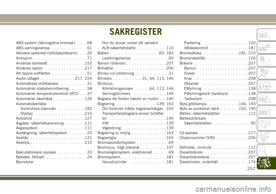 JEEP WRANGLER 2018 Drift- och underhållshandbok (in Swedish) ABS-system (låsningsfria bromsar)....68
ABS-varningslampa..............61
Aktivera systemet (stöldskyddslarm)....20
Antispinn....................71
Använda domkraft..............152
Använda radion JEEP WRANGLER 2018 Drift- och underhållshandbok (in Swedish) ABS-system (låsningsfria bromsar)....68
ABS-varningslampa..............61
Aktivera systemet (stöldskyddslarm)....20
Antispinn....................71
Använda domkraft..............152
Använda radion