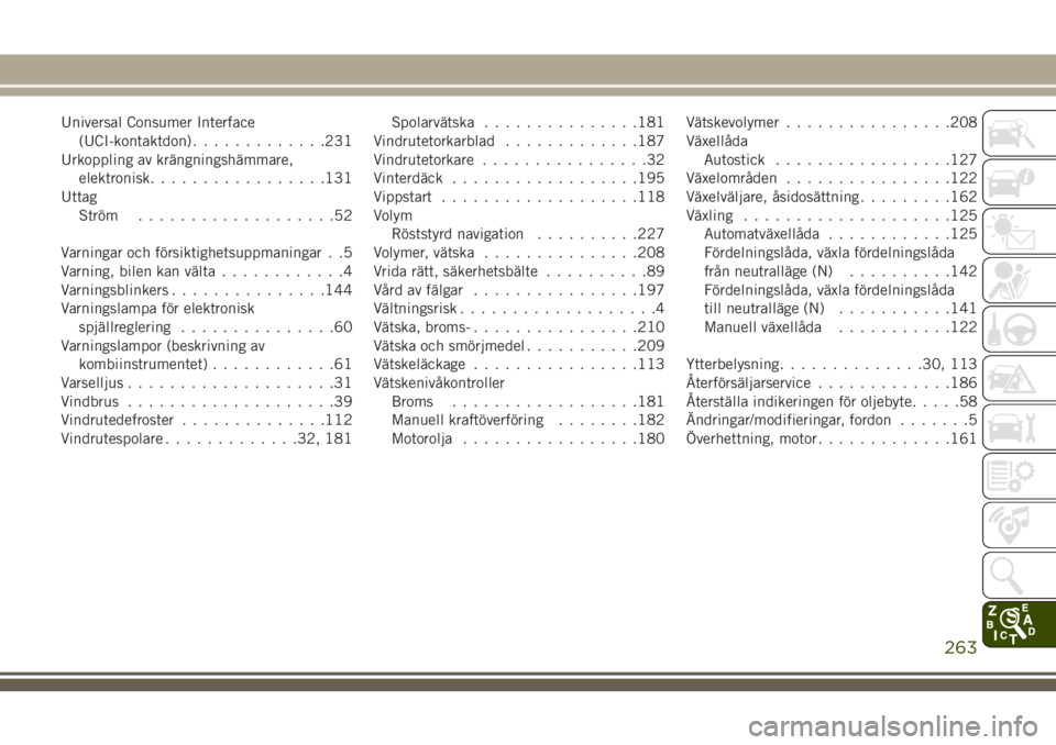 JEEP WRANGLER 2019  Drift- och underhållshandbok (in Swedish) Universal Consumer Interface
(UCI-kontaktdon).............231
Urkoppling av krängningshämmare,
elektronisk.................131
Uttag
Ström...................52
Varningar och försiktighetsuppmaning
