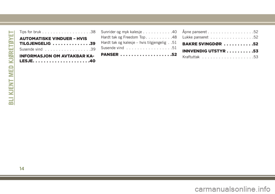 JEEP WRANGLER 2020 Drift- og vedlikeholdshåndbok (in Norwegian) Tips for bruk..................38
AUTOMATISKE VINDUER – HVIS
TILGJENGELIG..............39
Susende vind.................39
INFORMASJON OM AVTAKBAR KA-
LESJE.....................40
Sunrider og myk kal JEEP WRANGLER 2020 Drift- og vedlikeholdshåndbok (in Norwegian) Tips for bruk..................38
AUTOMATISKE VINDUER – HVIS
TILGJENGELIG..............39
Susende vind.................39
INFORMASJON OM AVTAKBAR KA-
LESJE.....................40
Sunrider og myk kal