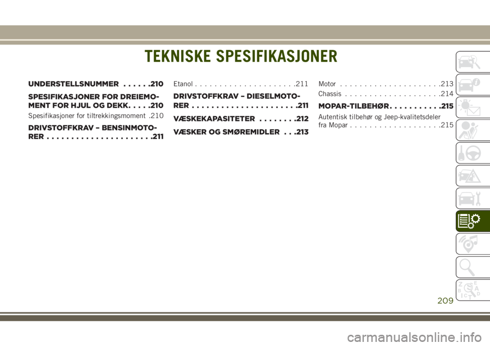 JEEP WRANGLER 2020 Drift- og vedlikeholdshåndbok (in Norwegian) TEKNISKE SPESIFIKASJONER
UNDERSTELLSNUMMER......210
SPESIFIKASJONER FOR DREIEMO-
MENT FOR HJUL OG DEKK.....210
Spesifikasjoner for tiltrekkingsmoment .210
DRIVSTOFFKRAV – BENSINMOTO-
RER............ JEEP WRANGLER 2020 Drift- og vedlikeholdshåndbok (in Norwegian) TEKNISKE SPESIFIKASJONER
UNDERSTELLSNUMMER......210
SPESIFIKASJONER FOR DREIEMO-
MENT FOR HJUL OG DEKK.....210
Spesifikasjoner for tiltrekkingsmoment .210
DRIVSTOFFKRAV – BENSINMOTO-
RER............