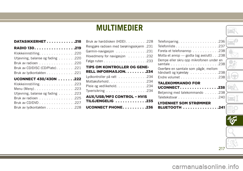 JEEP WRANGLER 2020 Drift- og vedlikeholdshåndbok (in Norwegian) MULTIMEDIER
DATASIKKERHET............218
RADIO 130.................219
Klokkeinnstilling...............220
Utjevning, balanse og fading.......220
Bruk av radioen...............220
Bruk av CD/DISC (CD/ JEEP WRANGLER 2020 Drift- og vedlikeholdshåndbok (in Norwegian) MULTIMEDIER
DATASIKKERHET............218
RADIO 130.................219
Klokkeinnstilling...............220
Utjevning, balanse og fading.......220
Bruk av radioen...............220
Bruk av CD/DISC (CD/