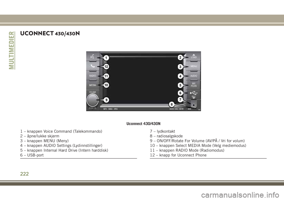 JEEP WRANGLER 2020  Drift- og vedlikeholdshåndbok (in Norwegian) UCONNECT 430/430N
Uconnect 430/430N
1 – knappen Voice Command (Talekommando)
2 – åpne/lukke skjerm
3 – knappen MENU (Meny)
4 – knappen AUDIO Settings (Lydinnstillinger)
5 – knappen Internal
