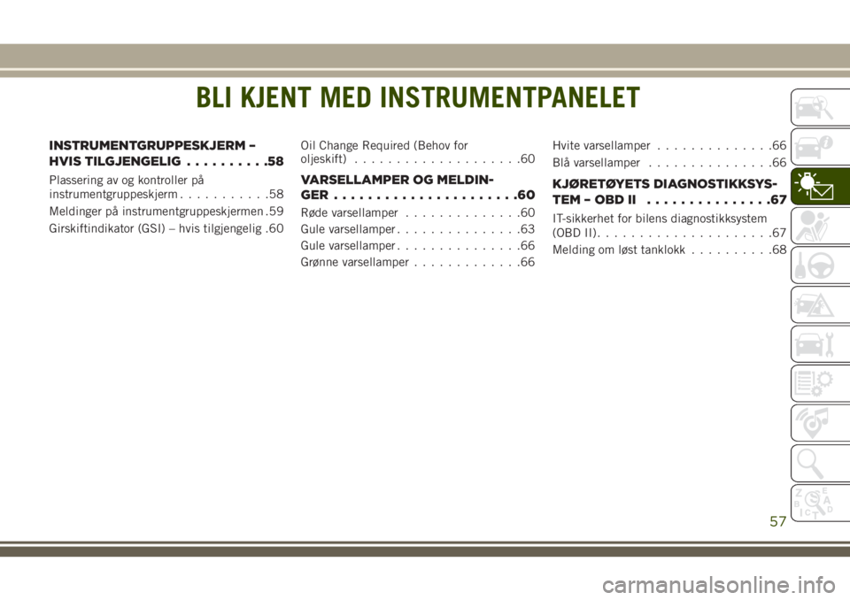 JEEP WRANGLER 2020  Drift- og vedlikeholdshåndbok (in Norwegian) BLI KJENT MED INSTRUMENTPANELET
INSTRUMENTGRUPPESKJERM –
HVIS TILGJENGELIG..........58
Plassering av og kontroller på
instrumentgruppeskjerm...........58
Meldinger på instrumentgruppeskjermen .59
