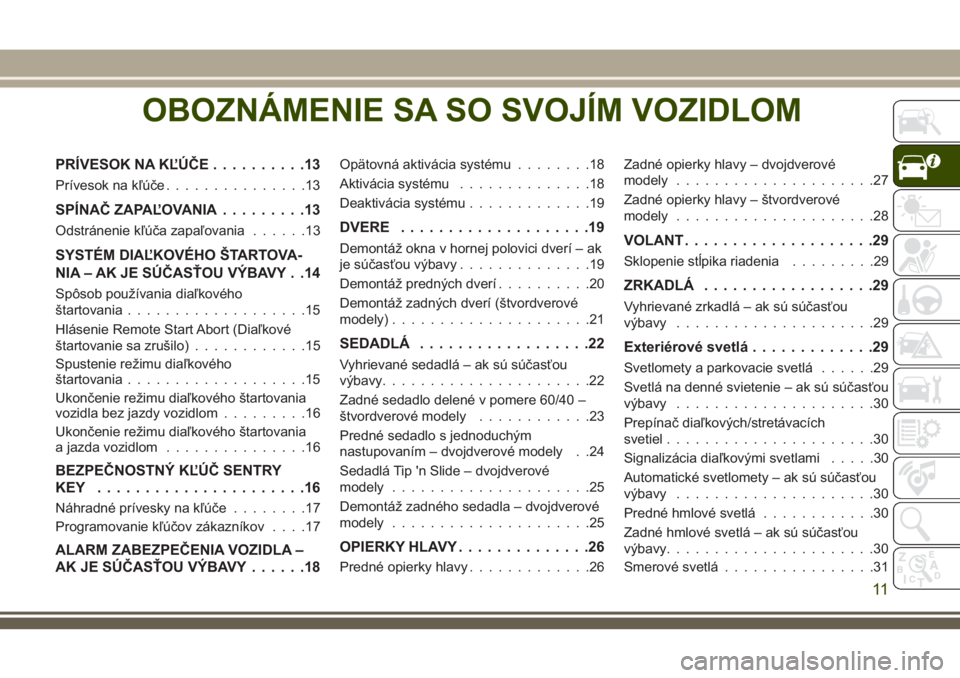 JEEP WRANGLER 2018  Návod na použitie a údržbu (in Slovak) OBOZNÁMENIE SA SO SVOJÍM VOZIDLOM
PRÍVESOK NA KĽÚČE..........13
Prívesok na kľúče...............13
SPÍNAČ ZAPAĽOVANIA.........13
Odstránenie kľúča zapaľovania......13
SYSTÉM DIAĽKO