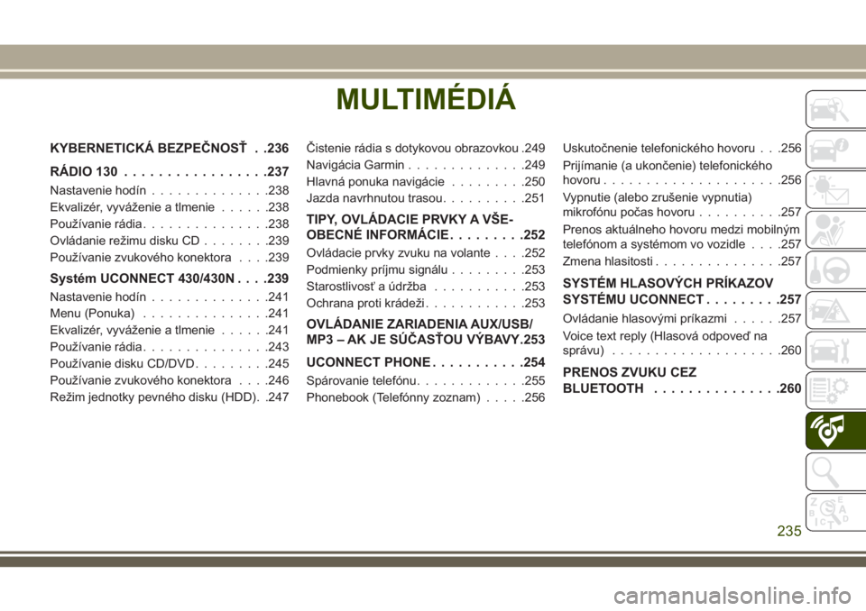 JEEP WRANGLER 2020  Návod na použitie a údržbu (in Slovak) MULTIMÉDIÁ
KYBERNETICKÁ BEZPEČNOSŤ . .236
RÁDIO 130.................237
Nastavenie hodín..............238
Ekvalizér, vyváženie a tlmenie......238
Používanie rádia...............238
Ovlád