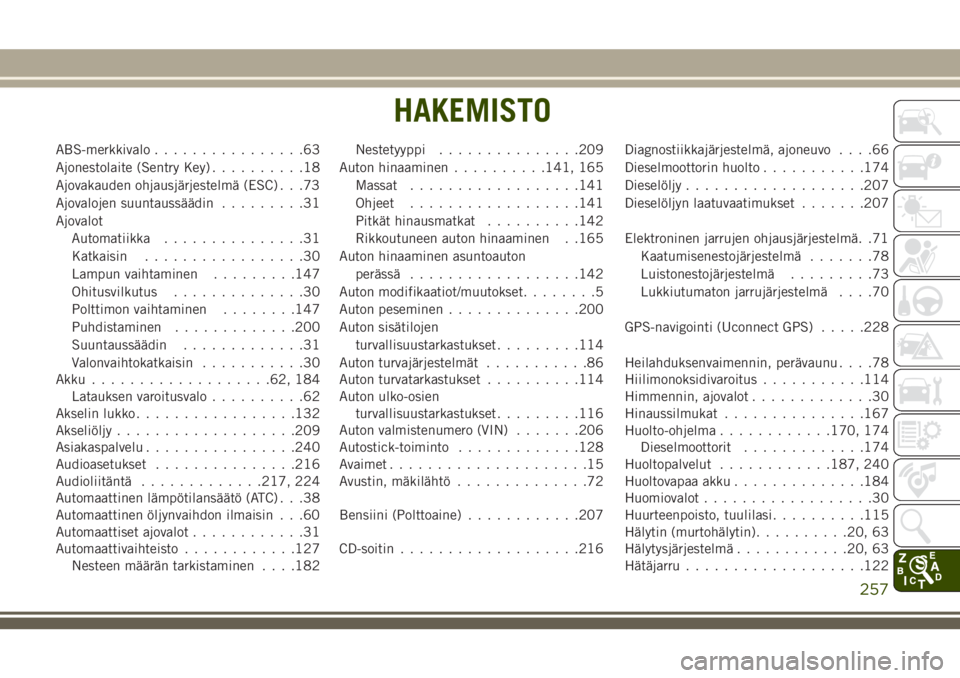 JEEP WRANGLER 2021 Käyttö- ja huolto-ohjekirja (in in Finnish) ABS-merkkivalo................63
Ajonestolaite (Sentry Key)..........18
Ajovakauden ohjausjärjestelmä (ESC) . . .73
Ajovalojen suuntaussäädin.........31
Ajovalot
Automatiikka...............31
Katk JEEP WRANGLER 2021 Käyttö- ja huolto-ohjekirja (in in Finnish) ABS-merkkivalo................63
Ajonestolaite (Sentry Key)..........18
Ajovakauden ohjausjärjestelmä (ESC) . . .73
Ajovalojen suuntaussäädin.........31
Ajovalot
Automatiikka...............31
Katk