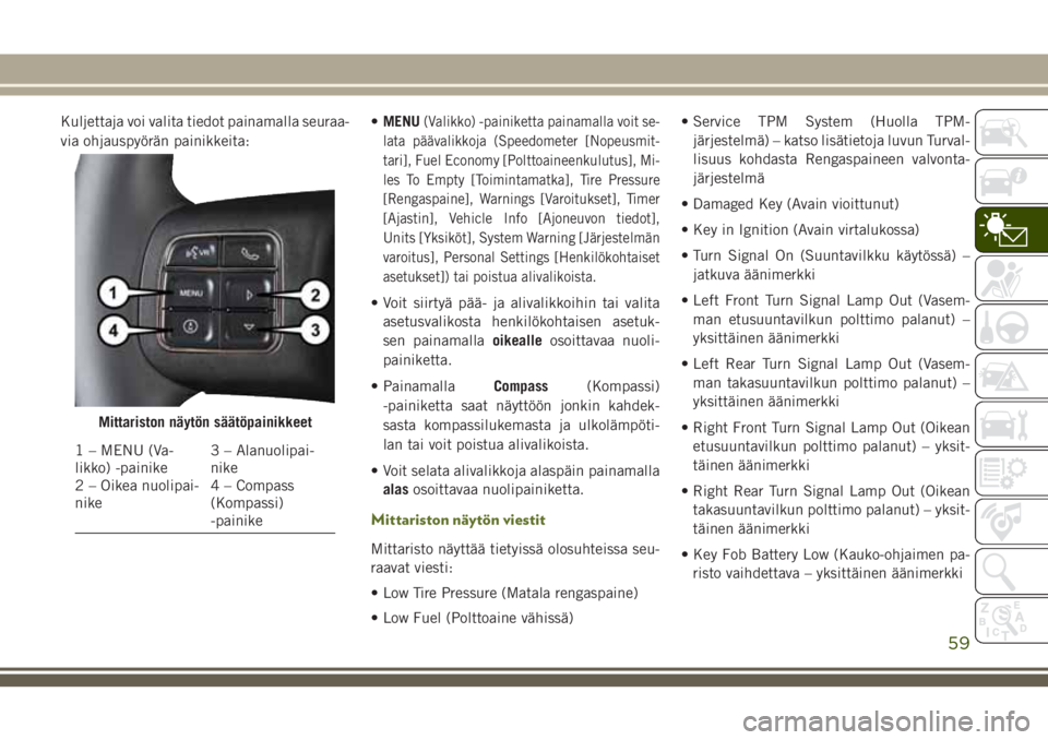 JEEP WRANGLER 2021  Käyttö- ja huolto-ohjekirja (in in Finnish) Kuljettaja voi valita tiedot painamalla seuraa-
via ohjauspyörän painikkeita:•MENU(Valikko) -painiketta painamalla voit se-
lata päävalikkoja (Speedometer [Nopeusmit-
tari], Fuel Economy [Poltto