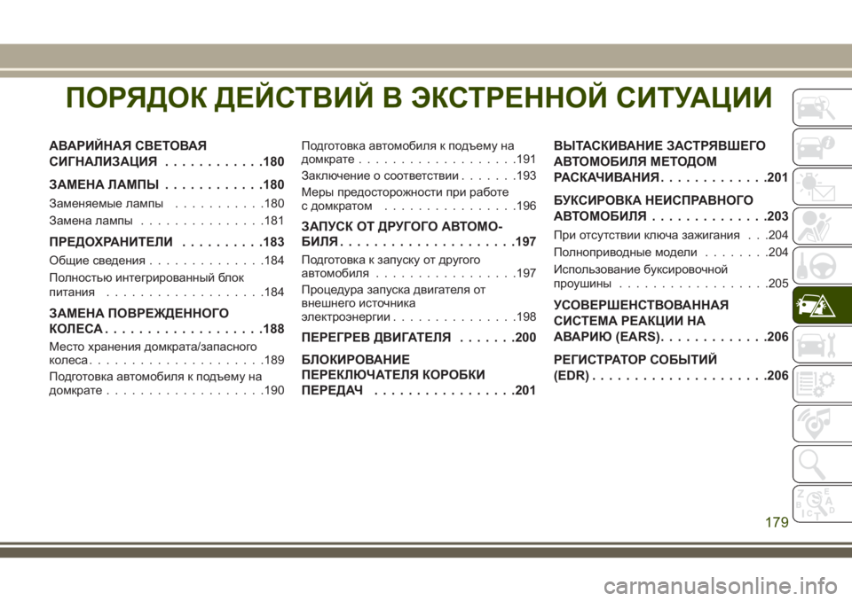 JEEP WRANGLER 2020 Руководство по эксплуатации и техобслуживанию (in Russian) ПОРЯДОК ДЕЙСТВИЙ В ЭКСТРЕННОЙ СИТУАЦИИ
АВАРИЙНАЯ СВЕТОВАЯ
СИГНАЛИЗАЦИЯ............180
ЗАМЕНА ЛАМПЫ............180
Заменя JEEP WRANGLER 2020 Руководство по эксплуатации и техобслуживанию (in Russian) ПОРЯДОК ДЕЙСТВИЙ В ЭКСТРЕННОЙ СИТУАЦИИ
АВАРИЙНАЯ СВЕТОВАЯ
СИГНАЛИЗАЦИЯ............180
ЗАМЕНА ЛАМПЫ............180
Заменя