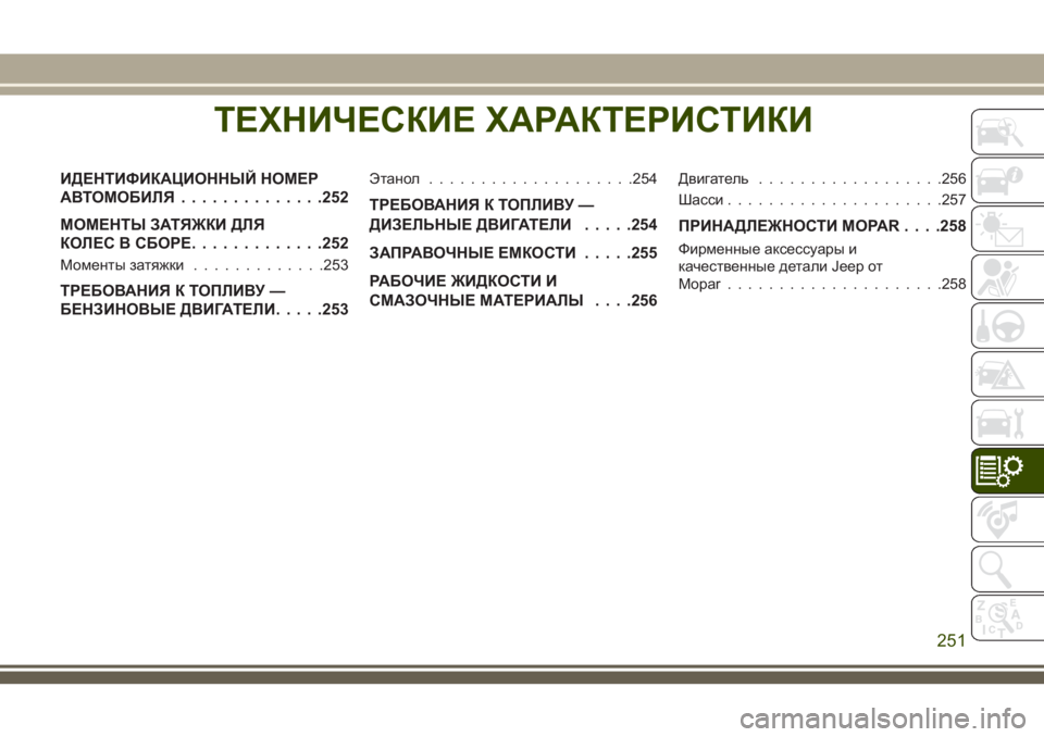 JEEP WRANGLER 2021 Руководство по эксплуатации и техобслуживанию (in Russian) ТЕХНИЧЕСКИЕ ХАРАКТЕРИСТИКИ
ИДЕНТИФИКАЦИОННЫЙ НОМЕР
АВТОМОБИЛЯ..............252
МОМЕНТЫ ЗАТЯЖКИ ДЛЯ
КОЛЕС В СБОРЕ... JEEP WRANGLER 2021 Руководство по эксплуатации и техобслуживанию (in Russian) ТЕХНИЧЕСКИЕ ХАРАКТЕРИСТИКИ
ИДЕНТИФИКАЦИОННЫЙ НОМЕР
АВТОМОБИЛЯ..............252
МОМЕНТЫ ЗАТЯЖКИ ДЛЯ
КОЛЕС В СБОРЕ...
