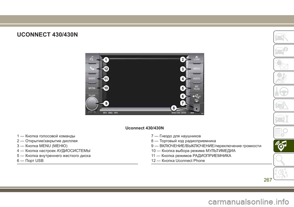 JEEP WRANGLER 2021 Руководство по эксплуатации и техобслуживанию (in Russian) UCONNECT 430/430N
Uconnect 430/430N
1 — Кнопка голосовой команды
2 — Открытие/закрытие дисплея
3 — Кнопка MENU (МЕНЮ)
4 — Кнопка н JEEP WRANGLER 2021 Руководство по эксплуатации и техобслуживанию (in Russian) UCONNECT 430/430N
Uconnect 430/430N
1 — Кнопка голосовой команды
2 — Открытие/закрытие дисплея
3 — Кнопка MENU (МЕНЮ)
4 — Кнопка н