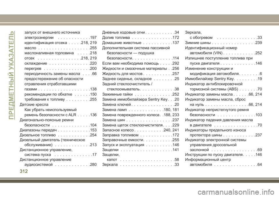 JEEP WRANGLER 2018  Руководство по эксплуатации и техобслуживанию (in Russian) запуск от внешнего источника
электроэнергии............197
идентификация отсека.....218, 219
масло...................255
маслонал