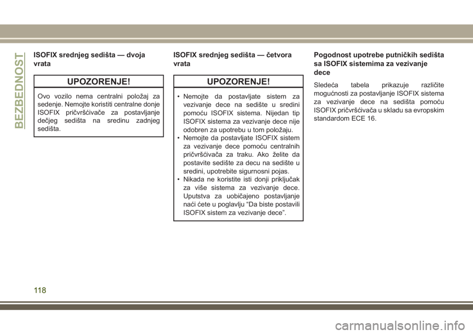 JEEP WRANGLER 2018  Knjižica za upotrebu i održavanje (in Serbian) ISOFIX srednjeg sedišta — dvoja
vrata
UPOZORENJE!
Ovo vozilo nema centralni položaj za
sedenje. Nemojte koristiti centralne donje
ISOFIX pričvršćivače za postavljanje
dečjeg sedišta na sredi