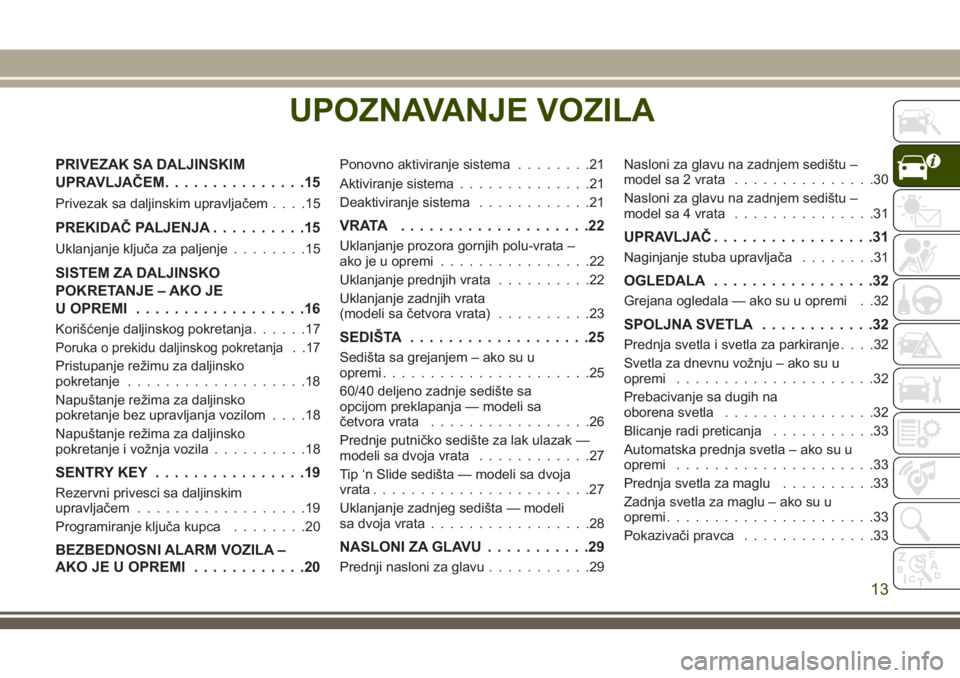 JEEP WRANGLER 2021 Knjižica za upotrebu i održavanje (in Serbian) UPOZNAVANJE VOZILA
PRIVEZAK SA DALJINSKIM
UPRAVLJAČEM...............15
Privezak sa daljinskim upravljačem....15
PREKIDAČ PALJENJA..........15
Uklanjanje ključa za paljenje........15
SISTEM ZA DALJ JEEP WRANGLER 2021 Knjižica za upotrebu i održavanje (in Serbian) UPOZNAVANJE VOZILA
PRIVEZAK SA DALJINSKIM
UPRAVLJAČEM...............15
Privezak sa daljinskim upravljačem....15
PREKIDAČ PALJENJA..........15
Uklanjanje ključa za paljenje........15
SISTEM ZA DALJ