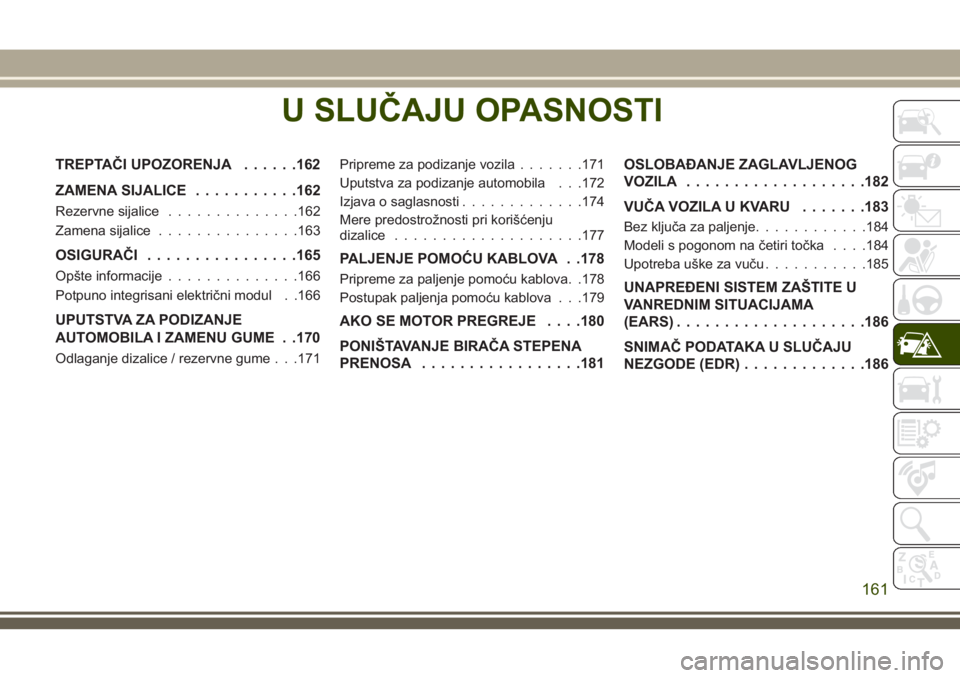JEEP WRANGLER 2021 Knjižica za upotrebu i održavanje (in Serbian) U SLUČAJU OPASNOSTI
TREPTAČI UPOZORENJA......162
ZAMENA SIJALICE...........162
Rezervne sijalice..............162
Zamena sijalice...............163
OSIGURAČI................165
Opšte informacije.. JEEP WRANGLER 2021 Knjižica za upotrebu i održavanje (in Serbian) U SLUČAJU OPASNOSTI
TREPTAČI UPOZORENJA......162
ZAMENA SIJALICE...........162
Rezervne sijalice..............162
Zamena sijalice...............163
OSIGURAČI................165
Opšte informacije..