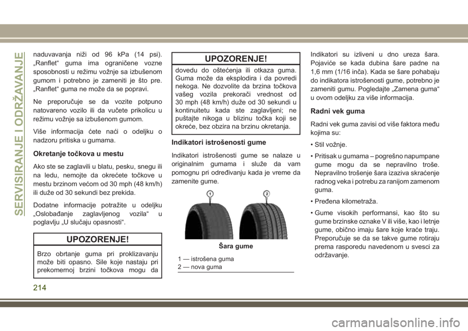 JEEP WRANGLER 2021 Knjižica za upotrebu i održavanje (in Serbian) naduvavanja niži od 96 kPa (14 psi).
„Ranflet“ guma ima ograničene vozne
sposobnosti u režimu vožnje sa izbušenom
gumom i potrebno je zameniti je što pre.
„Ranflet“ guma ne može da se p JEEP WRANGLER 2021 Knjižica za upotrebu i održavanje (in Serbian) naduvavanja niži od 96 kPa (14 psi).
„Ranflet“ guma ima ograničene vozne
sposobnosti u režimu vožnje sa izbušenom
gumom i potrebno je zameniti je što pre.
„Ranflet“ guma ne može da se p