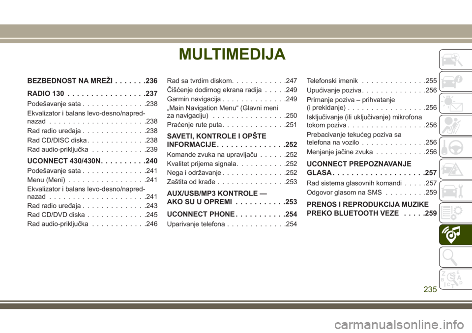 JEEP WRANGLER 2019  Knjižica za upotrebu i održavanje (in Serbian) MULTIMEDIJA
BEZBEDNOST NA MREŽI.......236
RADIO 130.................237
Podešavanje sata..............238
Ekvalizator i balans levo-desno/napred-
nazad.....................238
Rad radio uređaja....