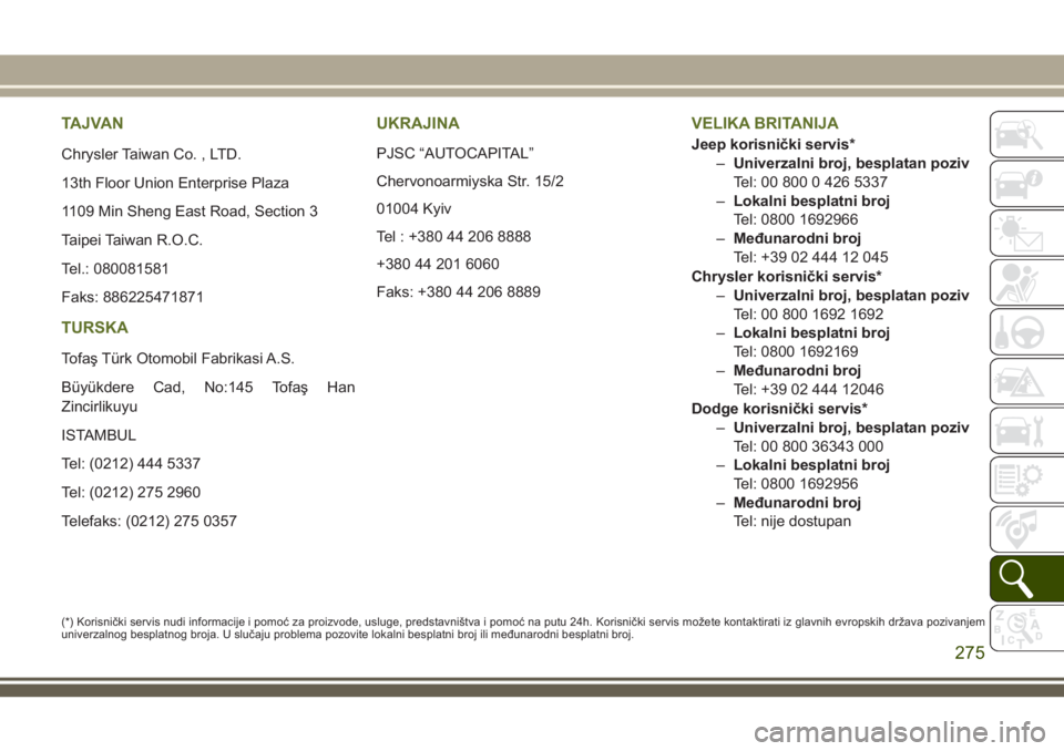 JEEP WRANGLER 2021  Knjižica za upotrebu i održavanje (in Serbian) TAJVAN
Chrysler Taiwan Co. , LTD.
13th Floor Union Enterprise Plaza
1109 Min Sheng East Road, Section 3
Taipei Taiwan R.O.C.
Tel.: 080081581
Faks: 886225471871
TURSKA
Tofaş Türk Otomobil Fabrikasi A