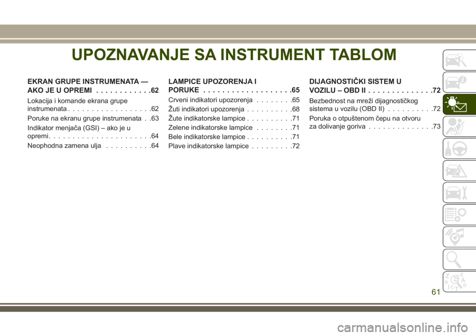 JEEP WRANGLER 2021 Knjižica za upotrebu i održavanje (in Serbian) UPOZNAVANJE SA INSTRUMENT TABLOM
EKRAN GRUPE INSTRUMENATA —
AKO JE U OPREMI............62
Lokacija i komande ekrana grupe
instrumenata..................62
Poruke na ekranu grupe instrumenata . .63
I JEEP WRANGLER 2021 Knjižica za upotrebu i održavanje (in Serbian) UPOZNAVANJE SA INSTRUMENT TABLOM
EKRAN GRUPE INSTRUMENATA —
AKO JE U OPREMI............62
Lokacija i komande ekrana grupe
instrumenata..................62
Poruke na ekranu grupe instrumenata . .63
I
