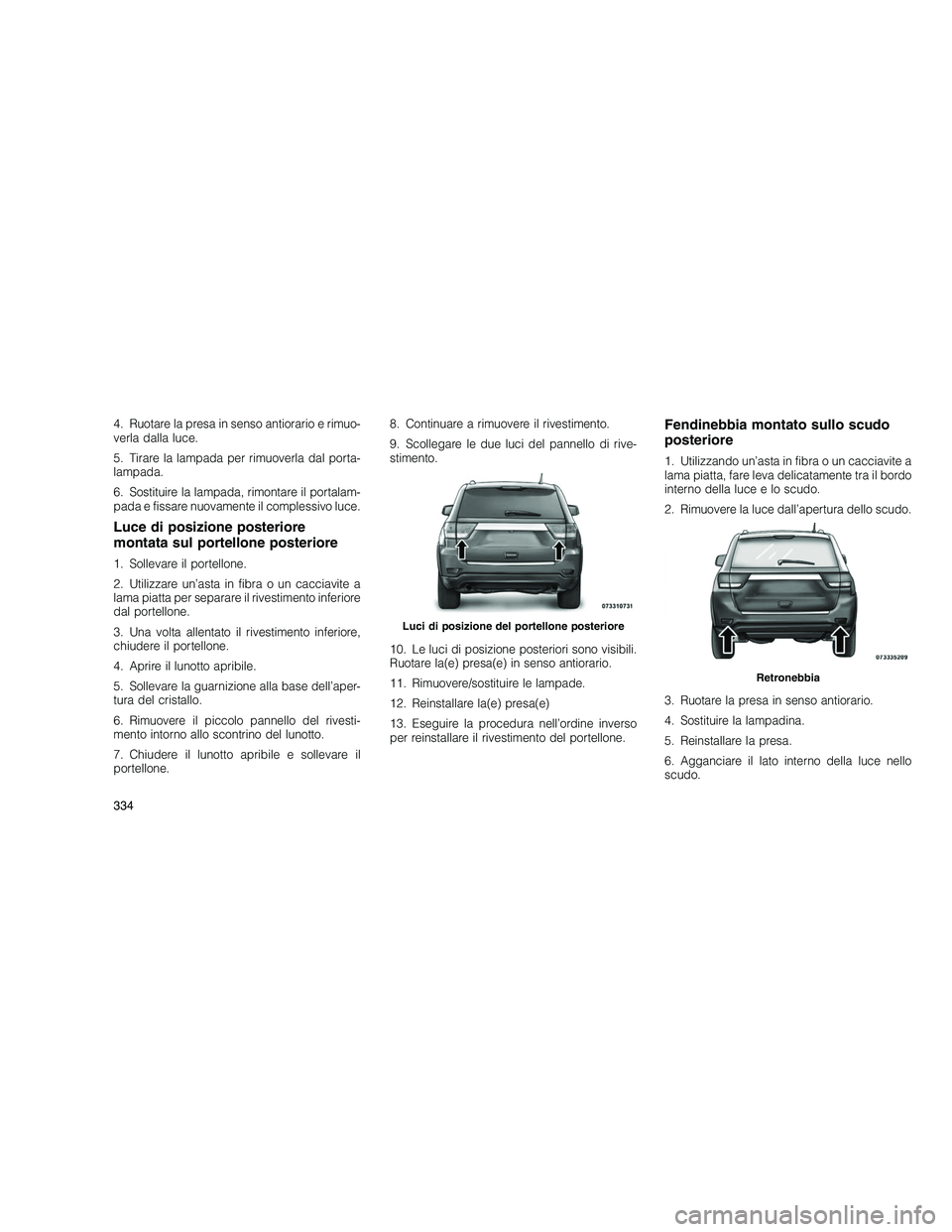 JEEP GRAND CHEROKEE 2011 Libretto Uso Manutenzione (in Italian)
4. Ruotare la presa in senso antiorario e rimuo-
verla dalla luce.
5. Tirare la lampada per rimuoverla dal porta-
lampada.
6. Sostituire la lampada, rimontare il portalam-
pada e fissare nuovamente i JEEP GRAND CHEROKEE 2011 Libretto Uso Manutenzione (in Italian)
4. Ruotare la presa in senso antiorario e rimuo-
verla dalla luce.
5. Tirare la lampada per rimuoverla dal porta-
lampada.
6. Sostituire la lampada, rimontare il portalam-
pada e fissare nuovamente i