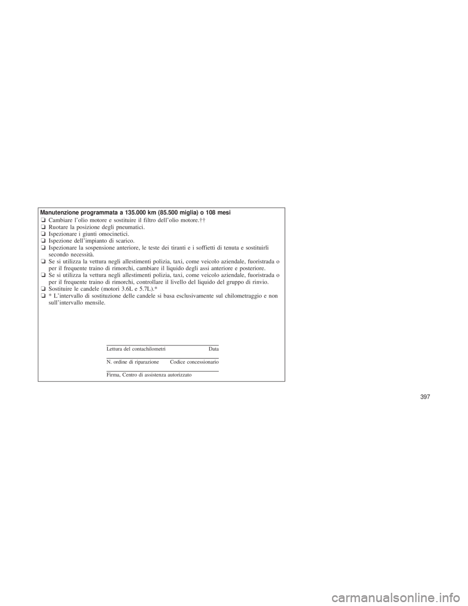 JEEP GRAND CHEROKEE 2013  Libretto Uso Manutenzione (in Italian) Manutenzione programmata a 135.000 km (85.500 miglia) o 108 mesi❏Cambiare l’olio motore e sostituire il filtro dell’olio motore.††
❏ Ruotare la posizione degli pneumatici.
❏ Ispezionare 