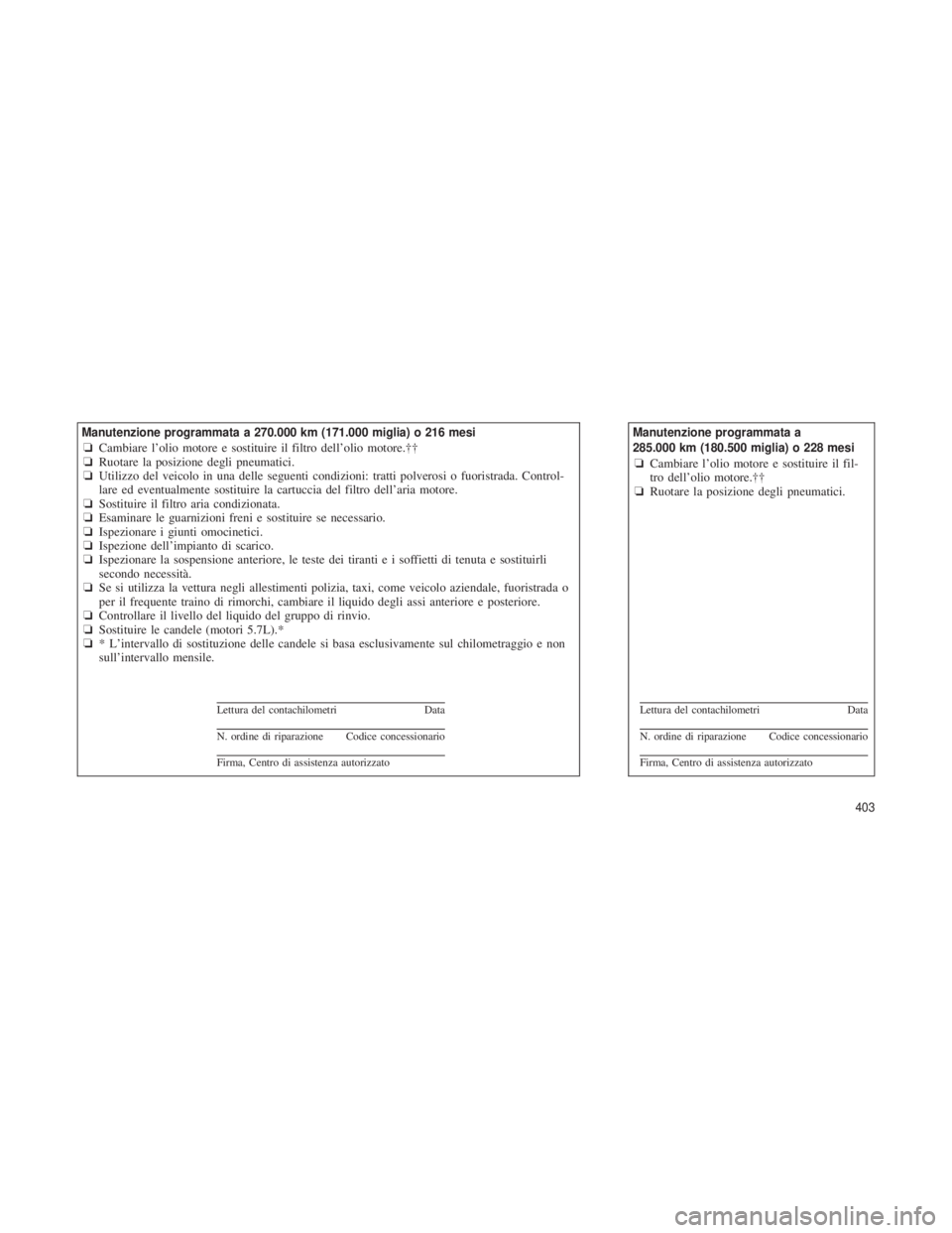 JEEP GRAND CHEROKEE 2013  Libretto Uso Manutenzione (in Italian) Manutenzione programmata a 270.000 km (171.000 miglia) o 216 mesi❏Cambiare l’olio motore e sostituire il filtro dell’olio motore.††
❏ Ruotare la posizione degli pneumatici.
❏ Utilizzo de