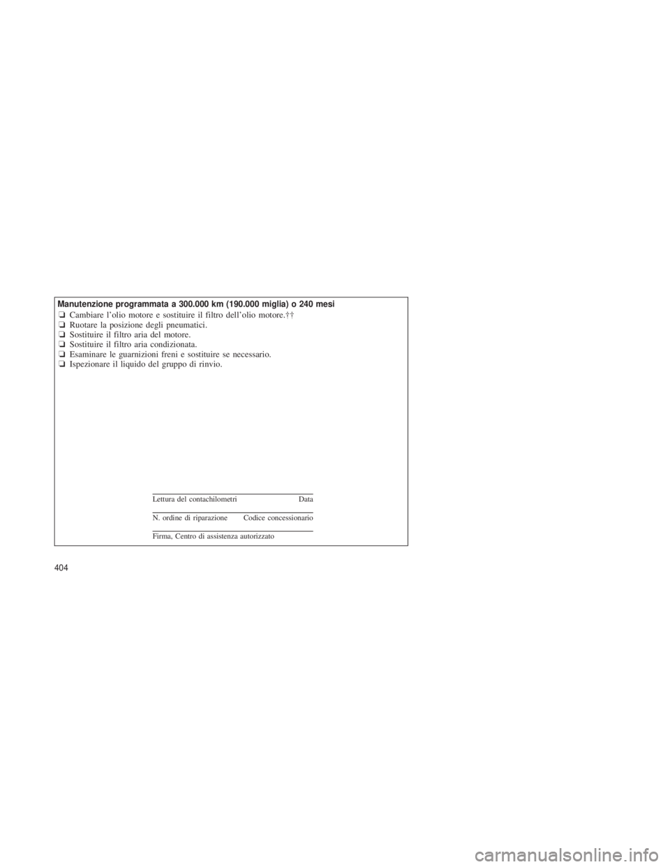 JEEP GRAND CHEROKEE 2013  Libretto Uso Manutenzione (in Italian) Manutenzione programmata a 300.000 km (190.000 miglia) o 240 mesi❏Cambiare l’olio motore e sostituire il filtro dell’olio motore.††
❏ Ruotare la posizione degli pneumatici.
❏ Sostituire 