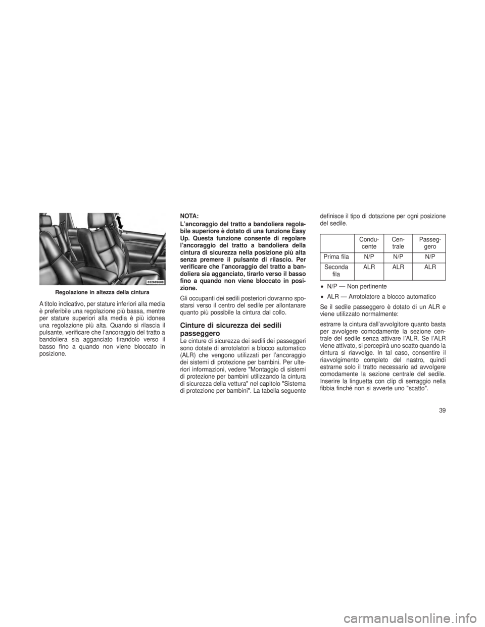 JEEP GRAND CHEROKEE 2013 Libretto Uso Manutenzione (in Italian) A titolo indicativo, per stature inferiori alla media
è preferibile una regolazione più bassa, mentre
per stature superiori alla media è più idonea
una regolazione più alta. Quando si rilascia il JEEP GRAND CHEROKEE 2013 Libretto Uso Manutenzione (in Italian) A titolo indicativo, per stature inferiori alla media
è preferibile una regolazione più bassa, mentre
per stature superiori alla media è più idonea
una regolazione più alta. Quando si rilascia il