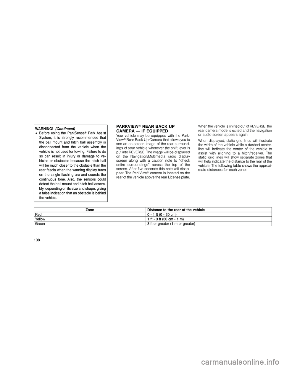 JEEP GRAND CHEROKEE 2011  Owner handbook (in English) 
WARNING!(Continued)
• Before using the ParkSense Park Assist
System, it is strongly recommended that
the ball mount and hitch ball assembly is
disconnected from the vehicle when the
vehicle is not