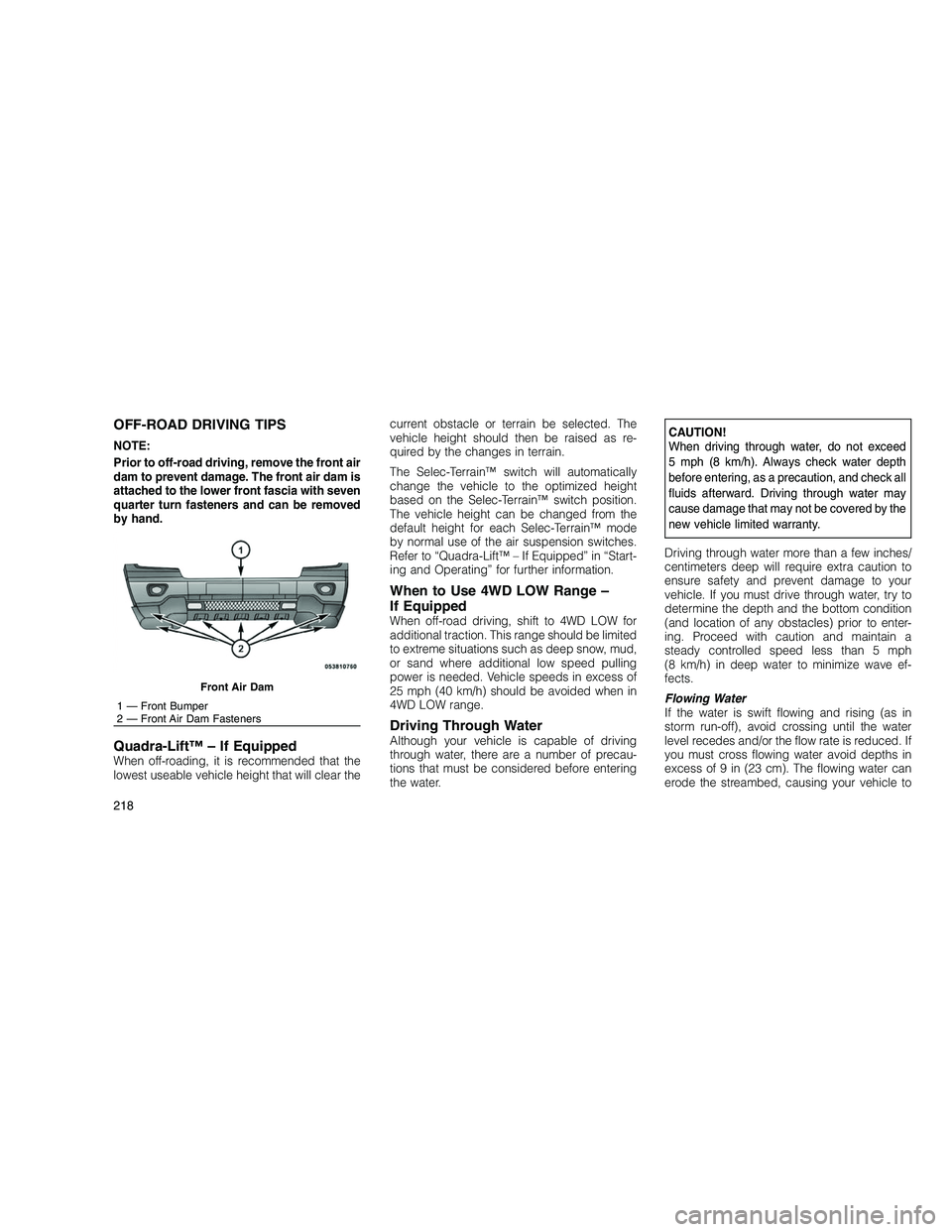 JEEP GRAND CHEROKEE 2010  Owner handbook (in English) 
OFF-ROAD DRIVING TIPS
NOTE:
Prior to off-road driving, remove the front air
dam to prevent damage. The front air dam is
attached to the lower front fascia with seven
quarter turn fasteners and can be