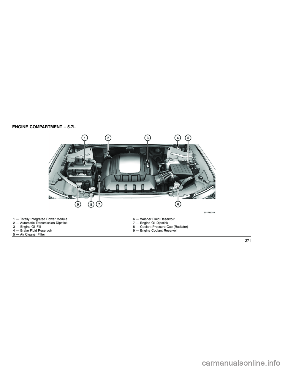 JEEP GRAND CHEROKEE 2010 Owner handbook (in English)
ENGINE COMPARTMENT – 5.7L
1 — Totally Integrated Power Module 6 — Washer Fluid Reservoir
2 — Automatic Transmission Dipstick 7 — Engine Oil Dipstick
3 — Engine Oil Fill 8 — Coolant Pres JEEP GRAND CHEROKEE 2010 Owner handbook (in English)
ENGINE COMPARTMENT – 5.7L
1 — Totally Integrated Power Module 6 — Washer Fluid Reservoir
2 — Automatic Transmission Dipstick 7 — Engine Oil Dipstick
3 — Engine Oil Fill 8 — Coolant Pres