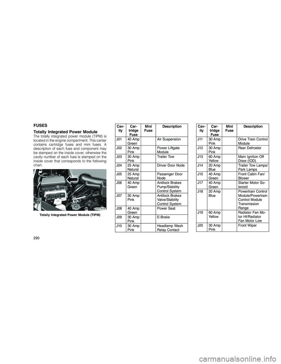 JEEP GRAND CHEROKEE 2010 Owner handbook (in English)
FUSES
Totally Integrated Power Module
The totally integrated power module (TIPM) is
located in the engine compartment. This center
contains cartridge fuses and mini fuses. A
description of each fuse JEEP GRAND CHEROKEE 2010 Owner handbook (in English)
FUSES
Totally Integrated Power Module
The totally integrated power module (TIPM) is
located in the engine compartment. This center
contains cartridge fuses and mini fuses. A
description of each fuse