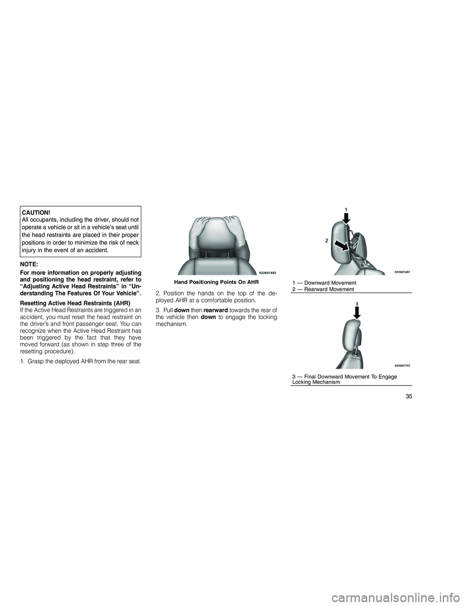 JEEP GRAND CHEROKEE 2010  Owner handbook (in English) 
CAUTION!
All occupants, including the driver, should not
operate a vehicle or sit in a vehicle’s seat until
the head restraints are placed in their proper
positions in order to minimize the risk of